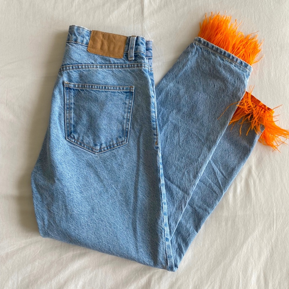 Orange Ostrich Feather Trim Jeans
